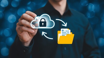 Person holding a digital cloud with a padlock, symbolizing secure data transfer, cloud storage, and cybersecurity for file management and information protection