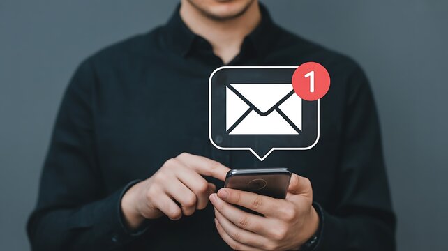 Person using a smartphone with a new email notification icon, representing digital communication, messaging, and online connectivity in the modern world