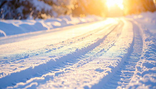 Fresh tire tracks imprinted on a snow-covered road, peaceful and atmospheric winter mood.