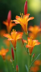Fototapeta premium Close-up photo of vibrant orange, yellow crocosmia flowers in summer garden. Colorful petals with green background, natural bokeh. Blooming plants on sunny day, perfect for backgrounds, botanical