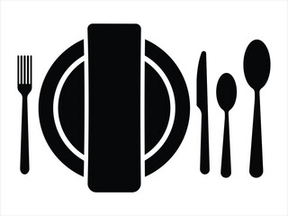 Elegant Cutlery and Plate Icon Set – Minimalist Black and White Dining Utensil Silhouettes for Restaurant and Tableware Design