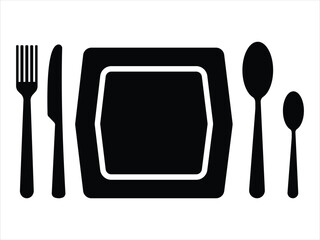 Elegant Cutlery and Plate Icon Set – Minimalist Black and White Dining Utensil Silhouettes for Restaurant and Tableware Design