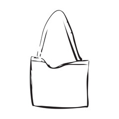 Sketching of beach Bag, Shopper. Hand-drawn pencil outline image of canvas eco-friendly bag with long Handles. Cloth Pouch line drawing. Isolated. Minimal art. Zero waste. Vector illustration.