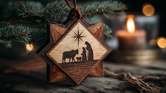 Wooden Christmas ornament shaped like a radiant star, featuring intricate engraving of a nativity scene, surrounded by festive decorations and warm candlelight ambiance - Powered by Adobe