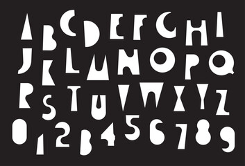 Naklejka premium Simple, thick, humorous, geometric letter font with holiday and party theme. Book, literature, fairy tale, cartoon, captions. Latin alphabet letters and numbers. No AI used