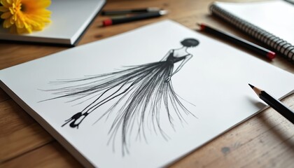 Fashion design sketch of flowing black dress on paper, alongside drawing tools like pencils, rulers. Yellow flower adds pop of color. Workspace setup inspires creativity for garment planning, style