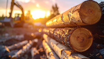 Neatly stacked tree logs, warm golden sunset light, construction machinery blurred on background