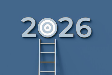 Ladder leaning against the blue wall with calendar number 2026 and target icon, close up. Concept of success, growth and achievement of goals in the new year 2026. 3d illustration.