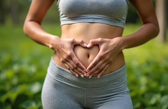 Close-up of multi-ethnic woman holding hands in heart shape over belly. Body positive. Concept healthy lifestyle. Health, fitness, wellness, digestion, probiotics. Healthy bowel, no constipation,