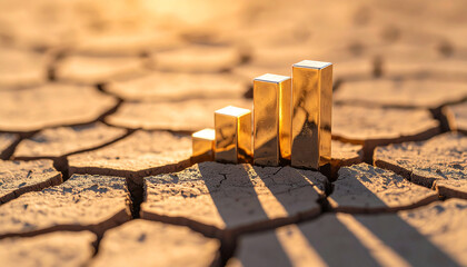Metallic bar graph emerging from cracked desert soil. Growth amid instability Futuristic infographic
