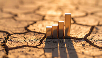Metallic bar graph emerging from cracked desert soil. Growth amid instability Futuristic infographic