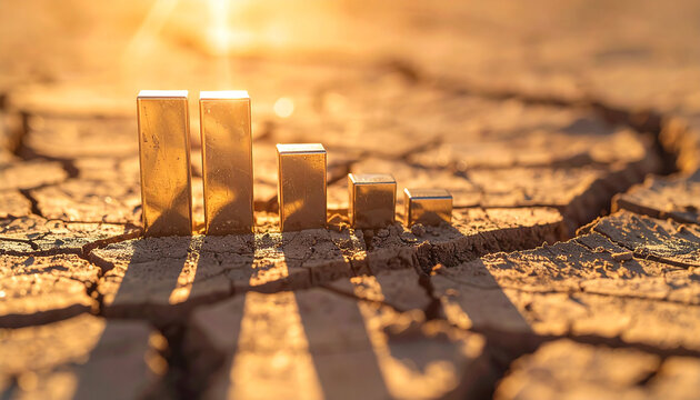 Metallic bar graph emerging from cracked desert soil. Growth amid instability Futuristic infographic