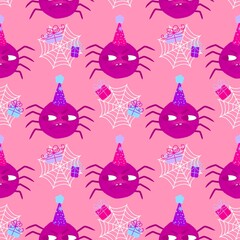 Birthday party seamless spider pattern for wrapping paper and fabrics and linens and kids clothes print