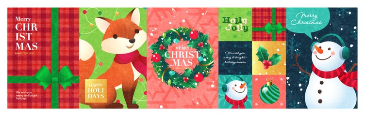 Merry Christmas and Happy New Year illustration set. Cute fantasy vector cartoon of snowman, Christmas garland, fox, Christmas present for holiday greeting card, postcard, poster, or background