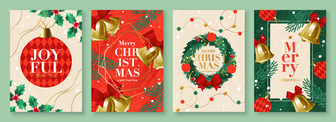 Merry Christmas and Happy New Year decorative greeting card set. Modern Christmas design with typography, hand drawn festive bells, holly, Xmas ornaments and garland, vector templates