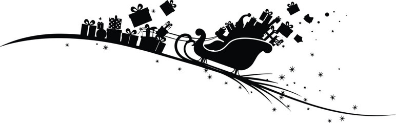 Whimsical silhouette of santa claus and his sleigh flying through a snowy winter sky