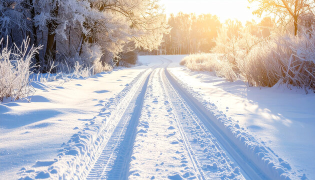 Snowy dirt road with deep tire tracks leading into the distance, frosted trees, rural winter vibe - Powered by Adobe