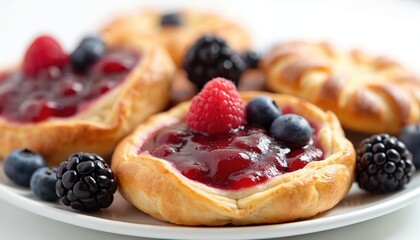 Close-up photo of assorted berry danish pastries. Flaky pastry crust with sweet berry fillings fresh berries topping, served on plate. Delicious baked goods for breakfast, brunch dessert, sweet treat.