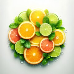 Circle of juicy citrus slices and mint leaves, bright and fresh, no background