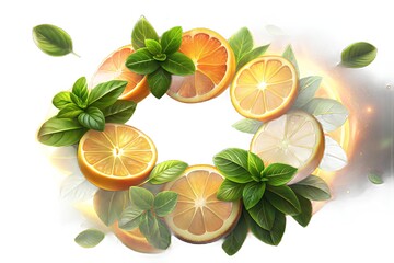 Circle of juicy citrus slices and mint leaves, bright and fresh, no background