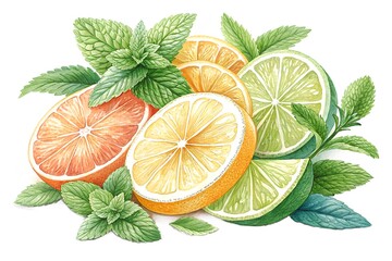 Circle of juicy citrus slices and mint leaves, bright and fresh, no background