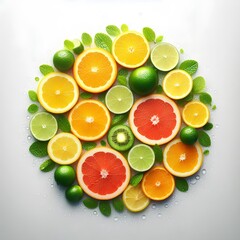 Circle of juicy citrus slices and mint leaves, bright and fresh, no background