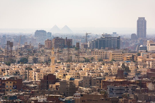 Panorama of the city of Cairo, with two pyramids on the horison (Cheops and Khafre)
