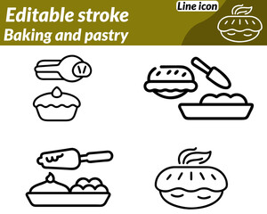 A warm inviting icon depicting a whisk rolling pin and cupcake or croissant. Arranged together to symbolize baking. Designed in a soft pastel or golden color palette to evoke warmth and sweetness.