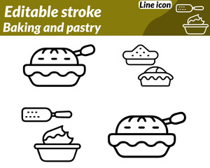 A charming flat-style vector icon featuring classic baking tools such a whisk. Rolling pin piping bag and oven mitt placed beside a cupcake croissant loaf of bread. Designed with soft pastel or warm.