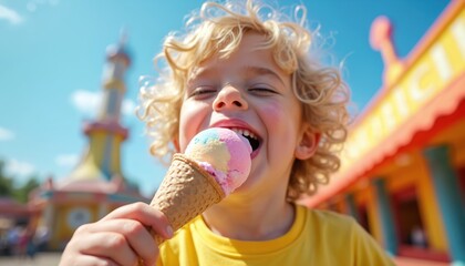 Happy child with curly blonde hair enjoys tri-colored ice cream cone outdoors on sunny summer day. Bright background with amusement park structures. Pure childhood joy, delicious sweet treat, active