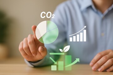 A person analyzing carbon emissions data with visual graphs and environmental indicators, focusing on CO2 levels and sustainability metrics in a modern workspace.