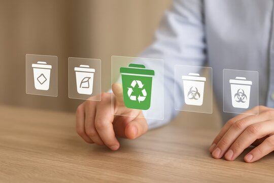 Innovative Waste Management: A Person Interacting with Digital Recycling Symbols in an Environmentally Friendly Setup