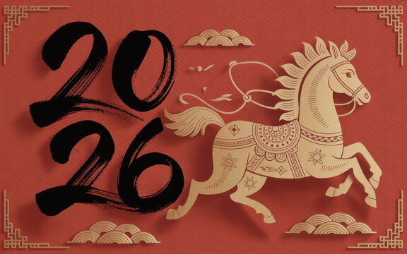 Chinese New Year 2026 year of the horse with traditional paper cut style illustration on red background