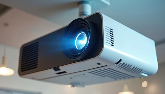 Sleek digital projector mounted on ceiling, lens glistening under bright lights. Modern technology device for presentations, home theater, business meetings. Contemporary design for interior