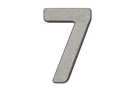 Concrete textured number seven digit standing, showing a rough grey surface. The background is transparent