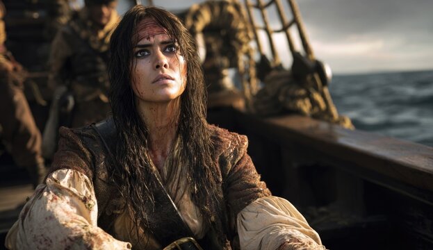 Brave female pirate warrior with a bloodied face looking up from wooden deck of a tall ship on the vast open ocean under dramatic clouds.