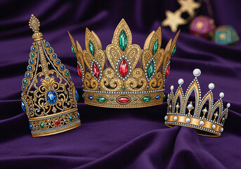 Three ornate regal crowns on a rich purple fabric, symbolizing status and celebration for D&iacute;a de los Reyes.