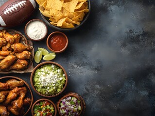 game day snacks football-themed food spread on the left with snacks wings nachos dips on a table leaving copy space on the right