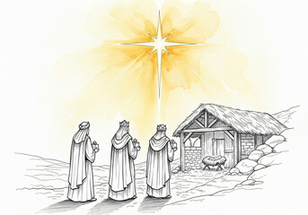 Three wise men following the star to the nativity scene. Epiphany and the journey of the Magi for D&iacute;a de los Reyes. Religious holiday.