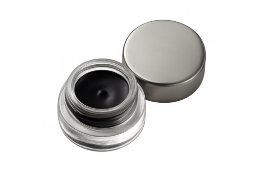 Open gel eyeliner pot with lid removed on transparent background