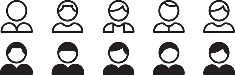set of user avatar icons outline and solid silhouettes for web ui