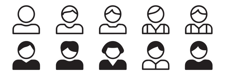 clean avatar icon collection outline and filled user silhouettes