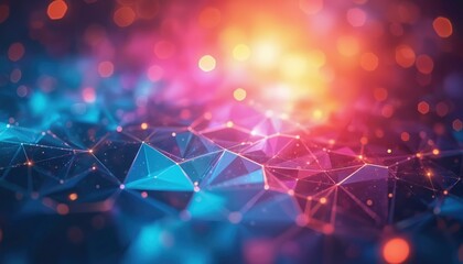 Abstract digital art with vibrant geometric patterns in blue and pink. Network connections with glowing nodes form intricate polygons on a blurred bokeh background. Modern tech and data visualization.