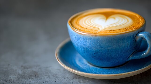 national cappuccino day with hot caffeine idea latte art in a blue coffee cup with textured background