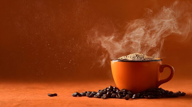 national cappuccino day with hot caffeine idea steaming mug of coffee with glowing particles on a dark background - Powered by Adobe