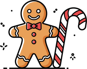 Charming gingerbread man with red bow tie stands beside a festive candy cane