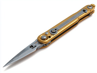 Obraz premium Gold and silver steampunk folding knife on white background