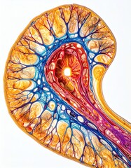 Microscopic Kidney Anatomy Cross-section of Renal Cortex and Medulla with Glomerulus, isolated on white background