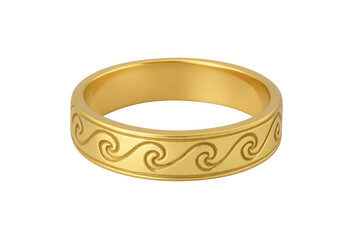 Gold wedding band with engraved wave pattern