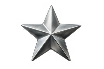 Silver five-pointed star symbol showing metallic texture and reflection, isolated on a transparent background for versatile use